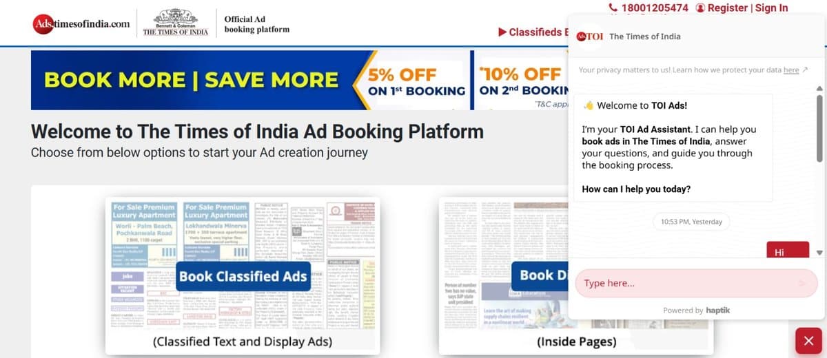 AI live chatbot answering an advertiser's question on ads.timesofindia.com